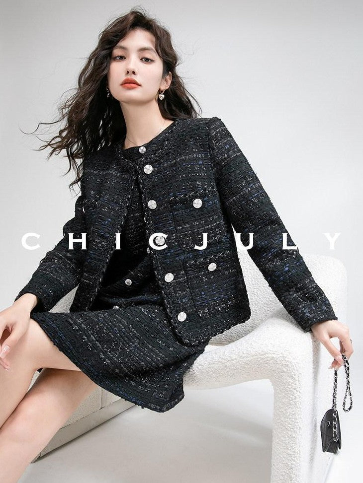 chicjuly Night Galaxy Round Neck Button Front Women's Boucle Tweed Jackets