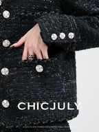 chicjuly Night Galaxy Round Neck Button Front Women's Boucle Tweed Jackets