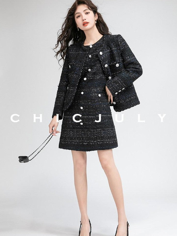 chicjuly Night Galaxy Round Neck Button Front Women's Boucle Tweed Jackets