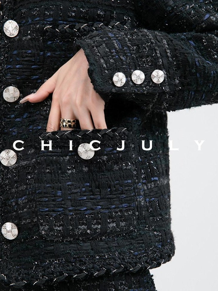 chicjuly Night Galaxy Round Neck Button Front Women's Boucle Tweed Jackets