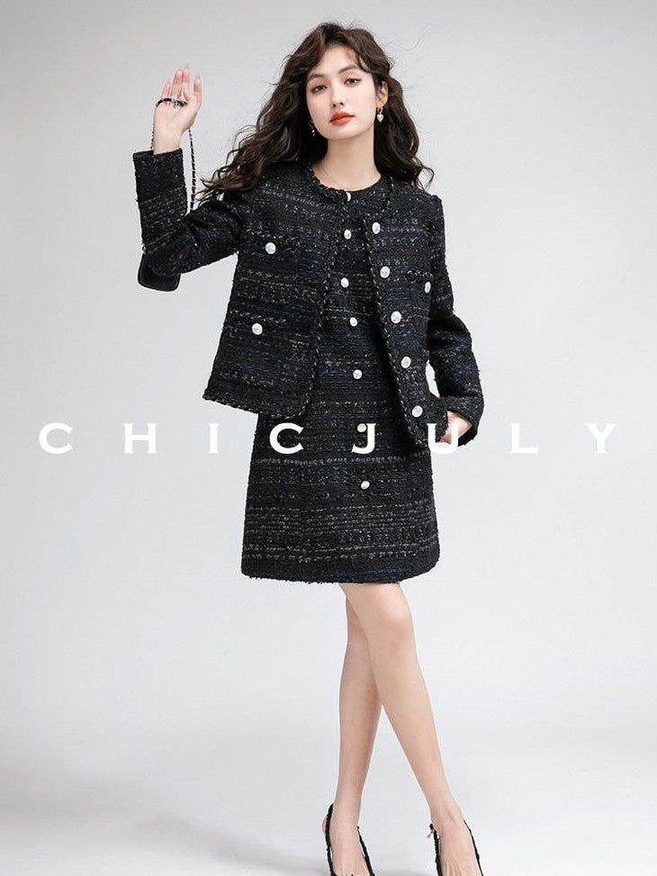 chicjuly Night Galaxy Round Neck Button Front Women's Boucle Tweed Jackets
