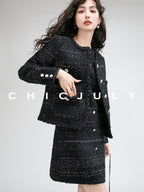chicjuly Night Galaxy Round Neck Button Front Women's Boucle Tweed Jackets