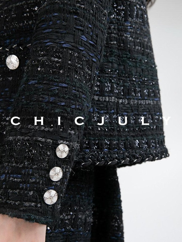 chicjuly Night Galaxy Round Neck Button Front Women's Boucle Tweed Jackets