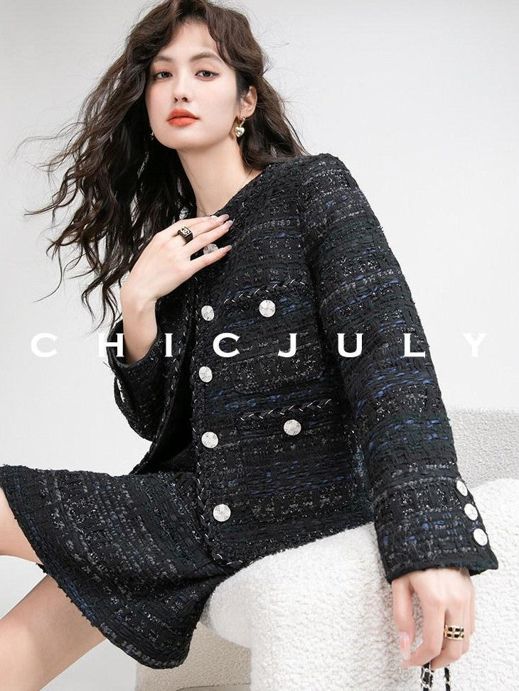 chicjuly Night Galaxy Round Neck Button Front Women's Boucle Tweed Jackets