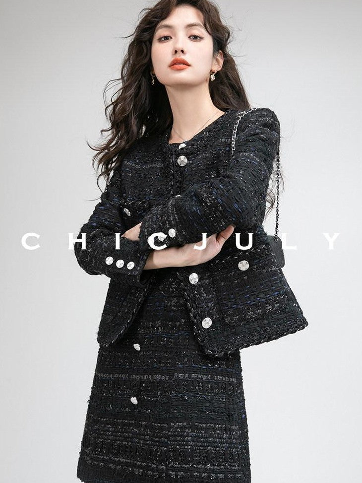 chicjuly Night Galaxy Round Neck Button Front Women's Boucle Tweed Jackets