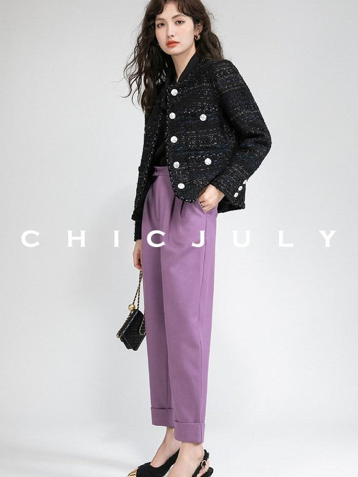 chicjuly Night Galaxy Round Neck Button Front Women's Boucle Tweed Jackets