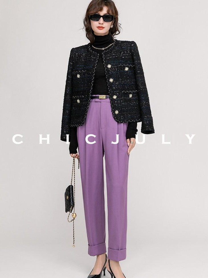 chicjuly Night Galaxy Round Neck Button Front Women's Boucle Tweed Jackets