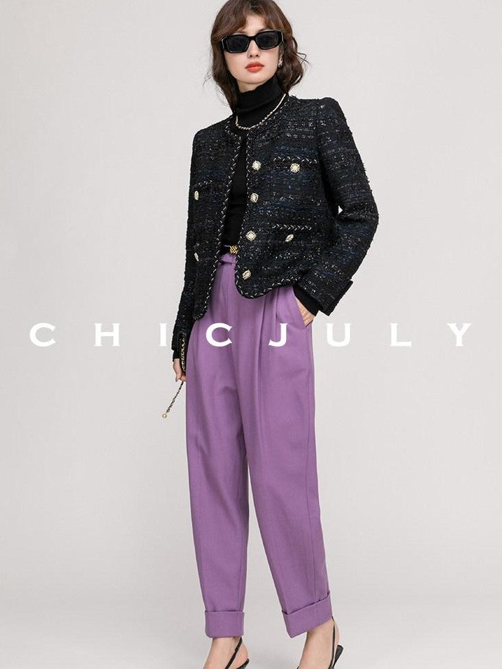 chicjuly Night Galaxy Round Neck Button Front Women's Boucle Tweed Jackets