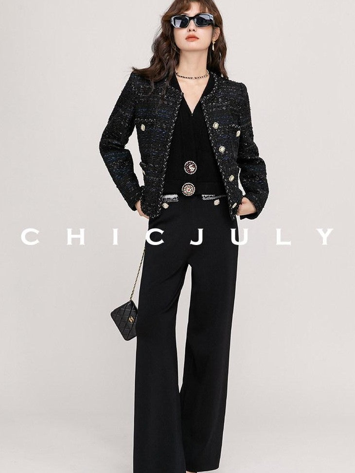 chicjuly Night Galaxy Round Neck Button Front Women's Boucle Tweed Jackets