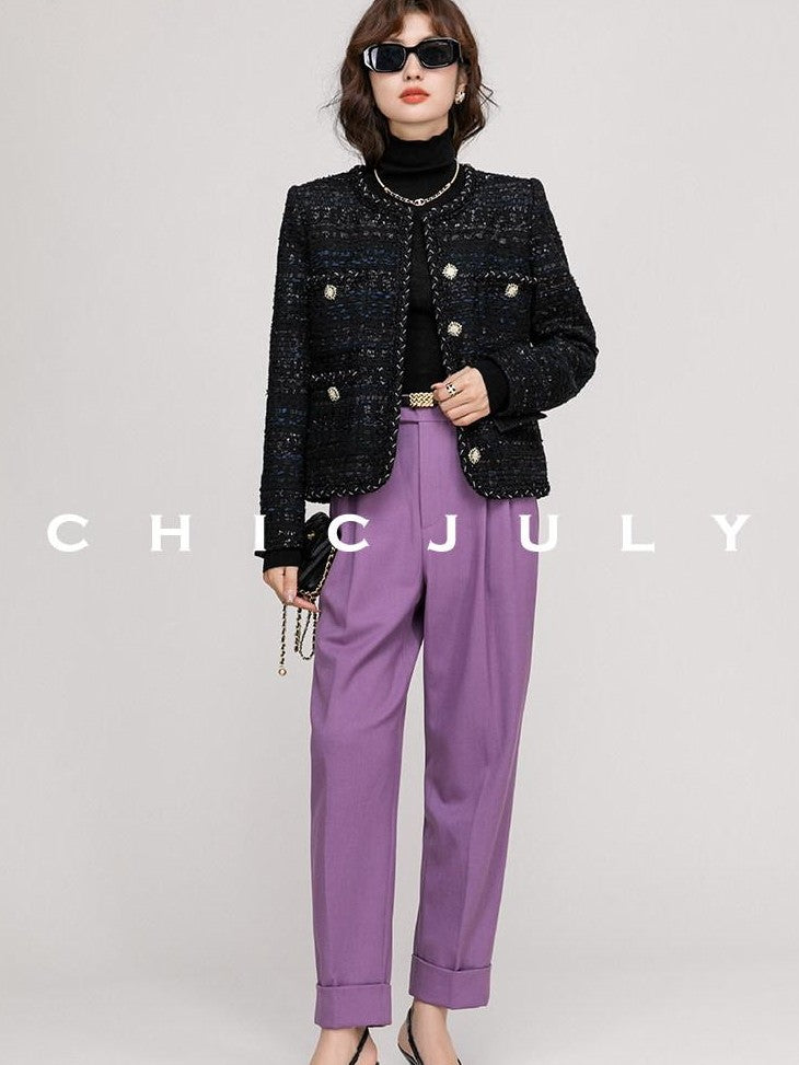 chicjuly Night Galaxy Round Neck Button Front Women's Boucle Tweed Jackets