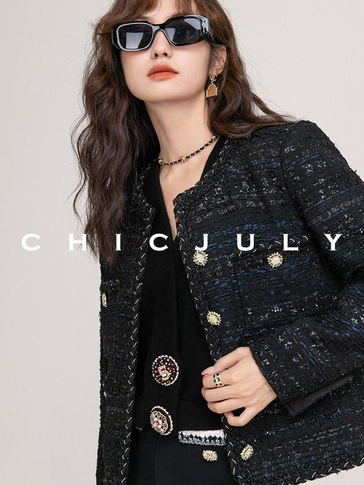 chicjuly Night Galaxy Round Neck Button Front Women's Boucle Tweed Jackets