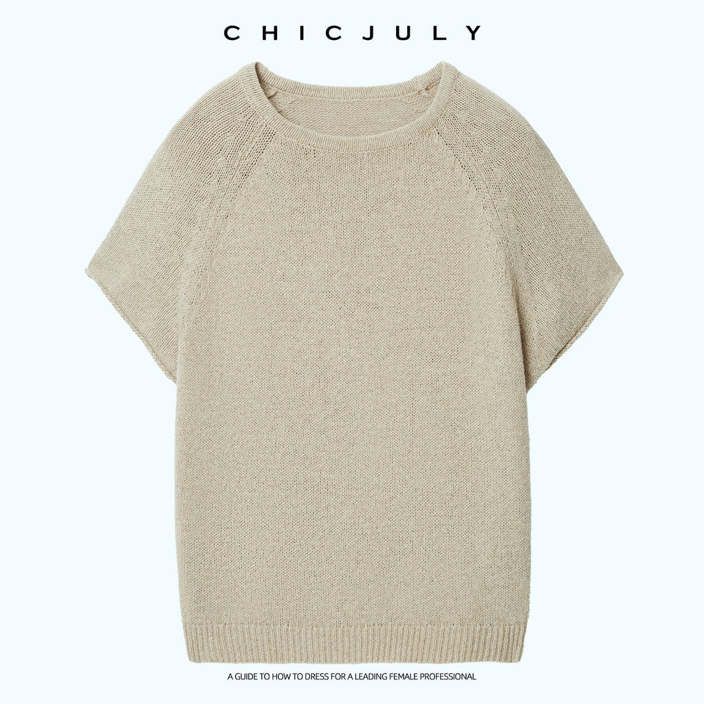 chicjuly Oatmeal Textured Breathable Raglan Women's Linen Knit Short Sleeve T-shirts 1048849465663