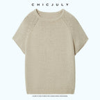 chicjuly Oatmeal Textured Breathable Raglan Women's Linen Knit Short Sleeve T-shirts 1048849465663