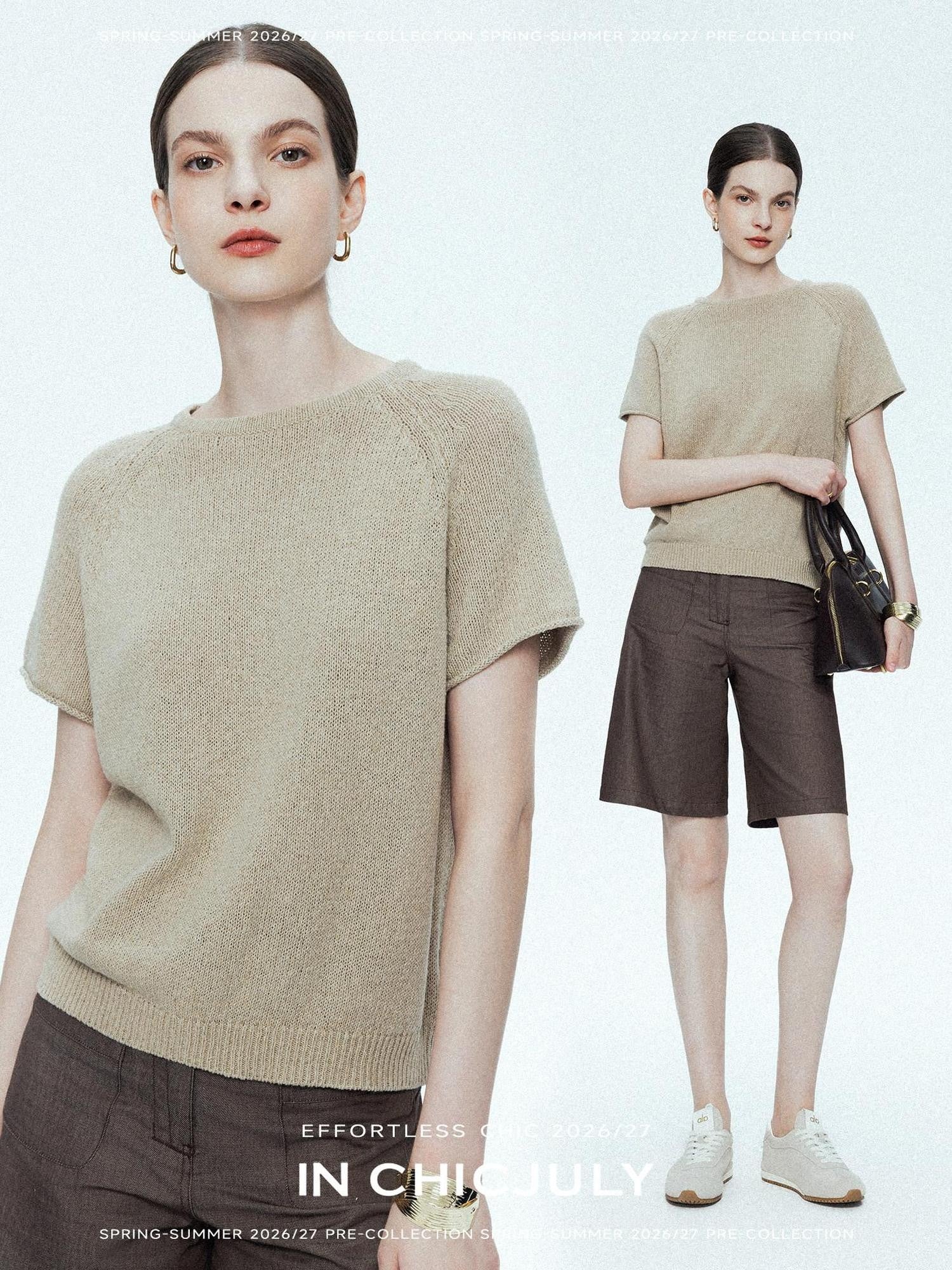 chicjuly Oatmeal Textured Breathable Raglan Women's Linen Knit Short Sleeve T-shirts