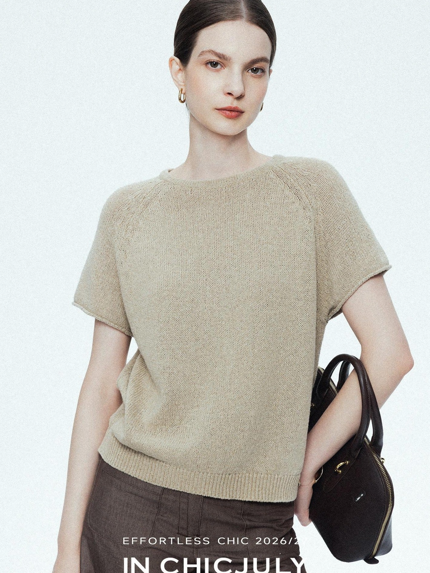 chicjuly Oatmeal Textured Breathable Raglan Women's Linen Knit Short Sleeve T-shirts