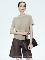 chicjuly Oatmeal Textured Breathable Raglan Women's Linen Knit Short Sleeve T-shirts