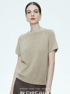 chicjuly Oatmeal Textured Breathable Raglan Women's Linen Knit Short Sleeve T-shirts