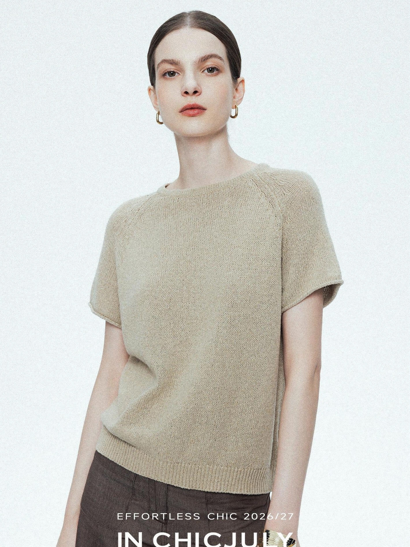 chicjuly Oatmeal Textured Breathable Raglan Women's Linen Knit Short Sleeve T-shirts