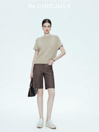 chicjuly Oatmeal Textured Breathable Raglan Women's Linen Knit Short Sleeve T-shirts