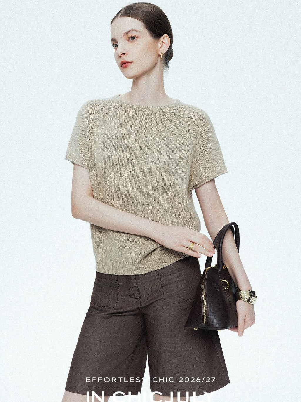 chicjuly Oatmeal Textured Breathable Raglan Women's Linen Knit Short Sleeve T-shirts