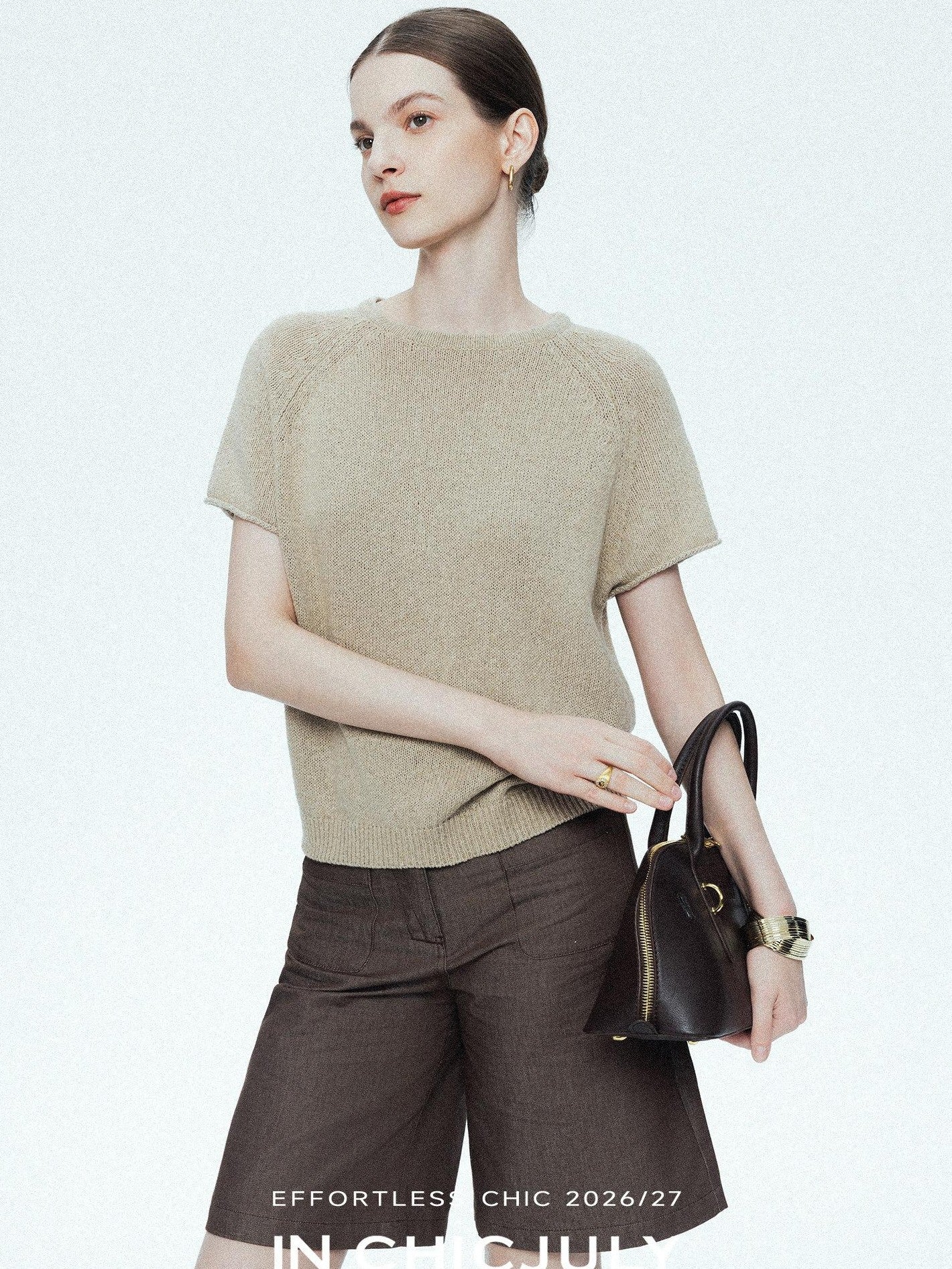 chicjuly Oatmeal Textured Breathable Raglan Women's Linen Knit Short Sleeve T-shirts