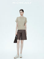 chicjuly Oatmeal Textured Breathable Raglan Women's Linen Knit Short Sleeve T-shirts