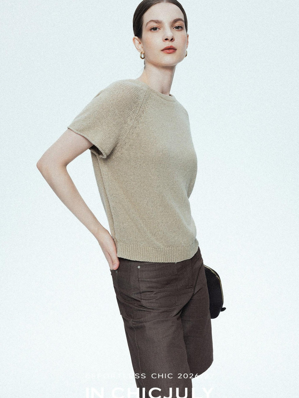 chicjuly Oatmeal Textured Breathable Raglan Women's Linen Knit Short Sleeve T-shirts