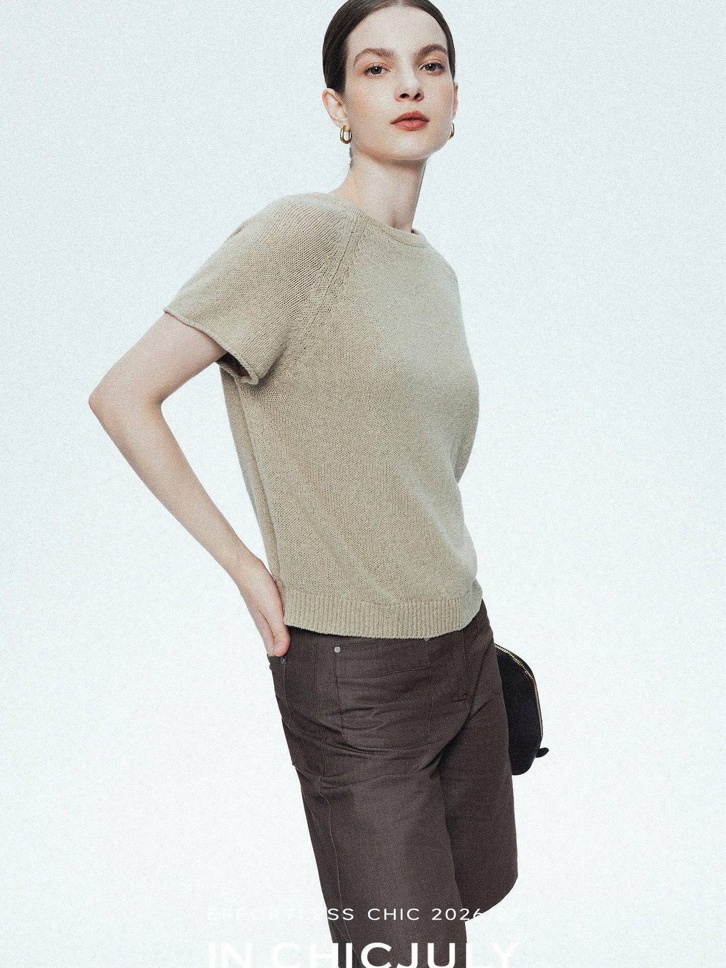 chicjuly Oatmeal Textured Breathable Raglan Women's Linen Knit Short Sleeve T-shirts