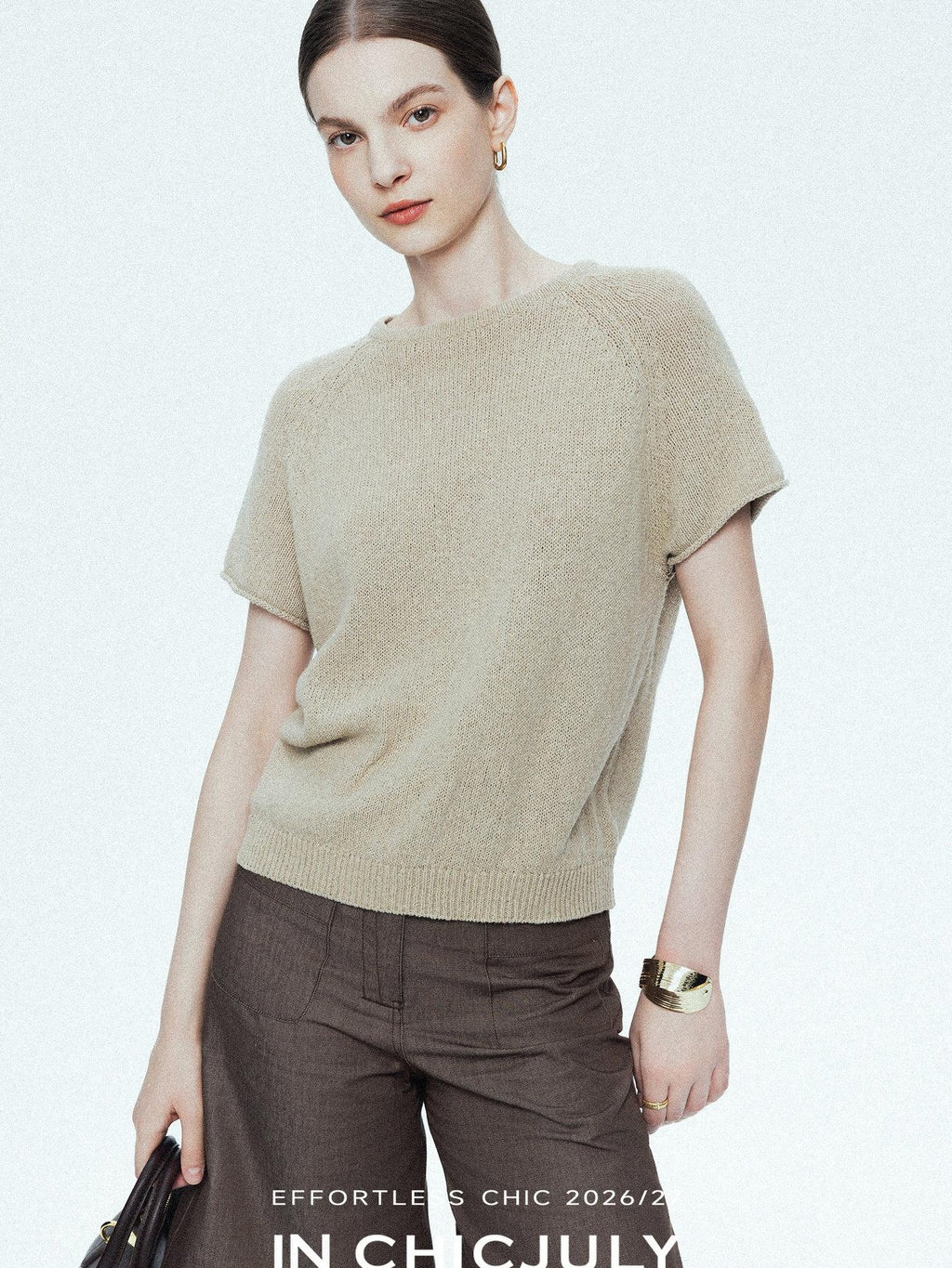 chicjuly Oatmeal Textured Breathable Raglan Women's Linen Knit Short Sleeve T-shirts