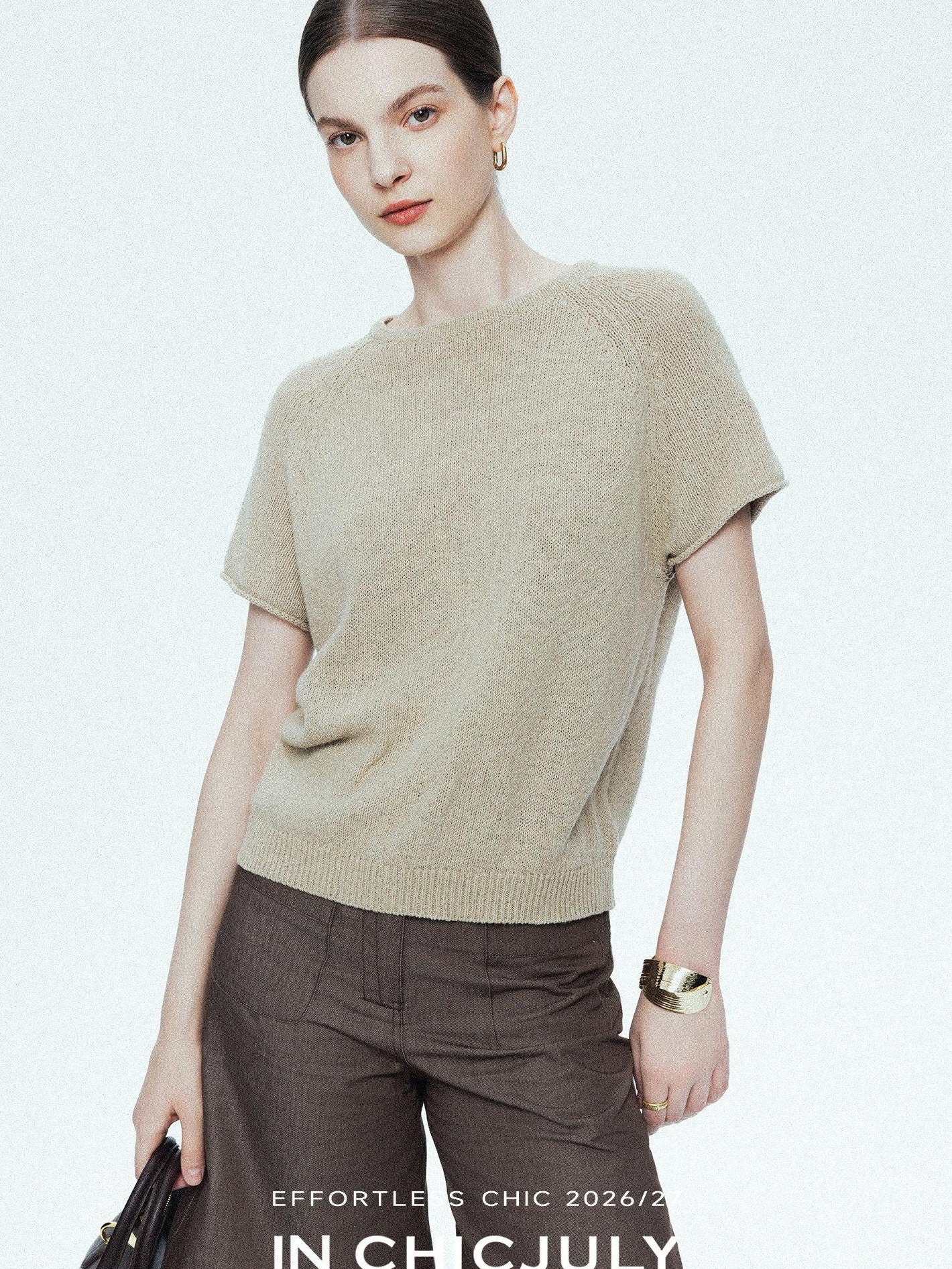 chicjuly Oatmeal Textured Breathable Raglan Women's Linen Knit Short Sleeve T-shirts