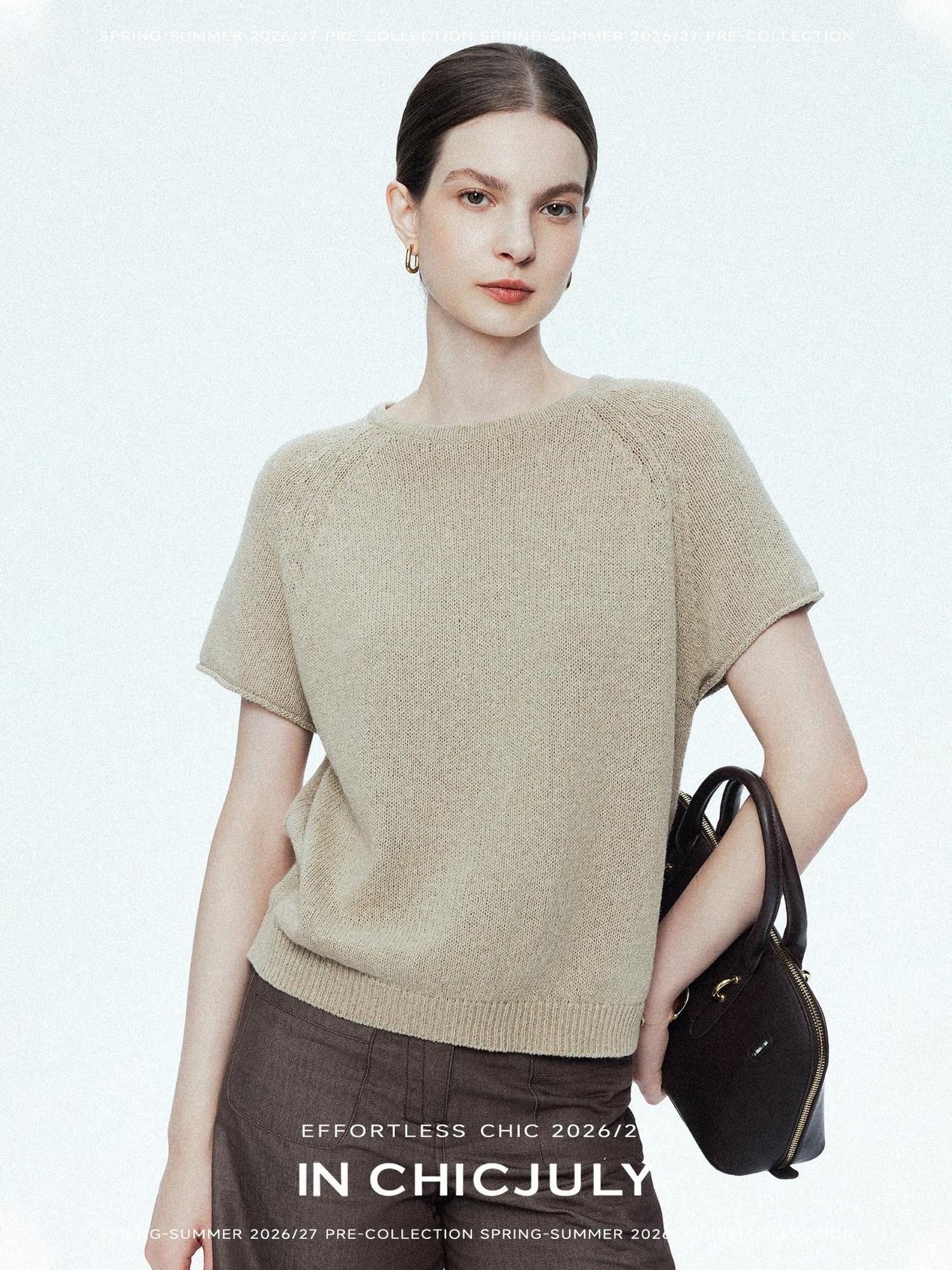 chicjuly Oatmeal Textured Breathable Raglan Women's Linen Knit Short Sleeve T-shirts