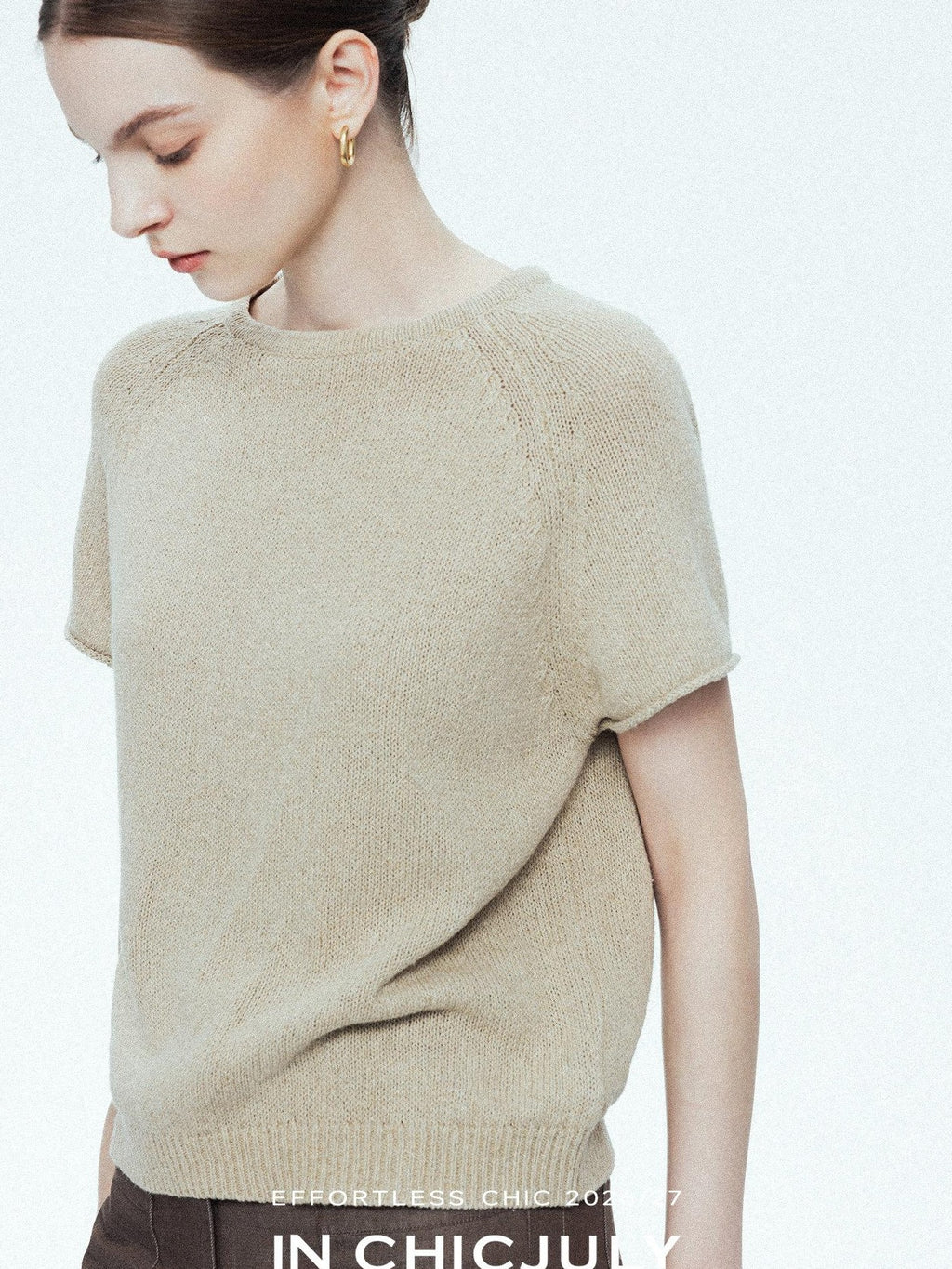 chicjuly Oatmeal Textured Breathable Raglan Women's Linen Knit Short Sleeve T-shirts