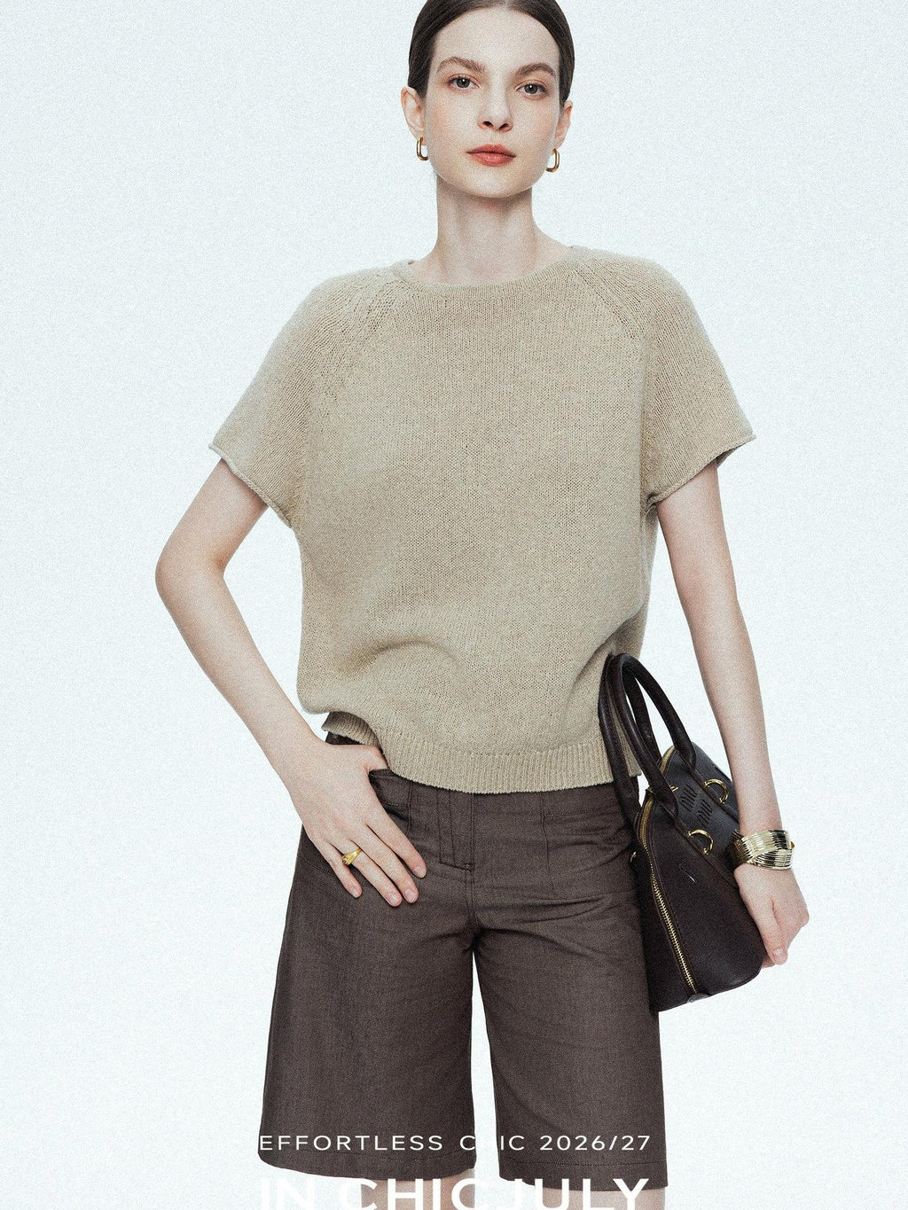 chicjuly Oatmeal Textured Breathable Raglan Women's Linen Knit Short Sleeve T-shirts