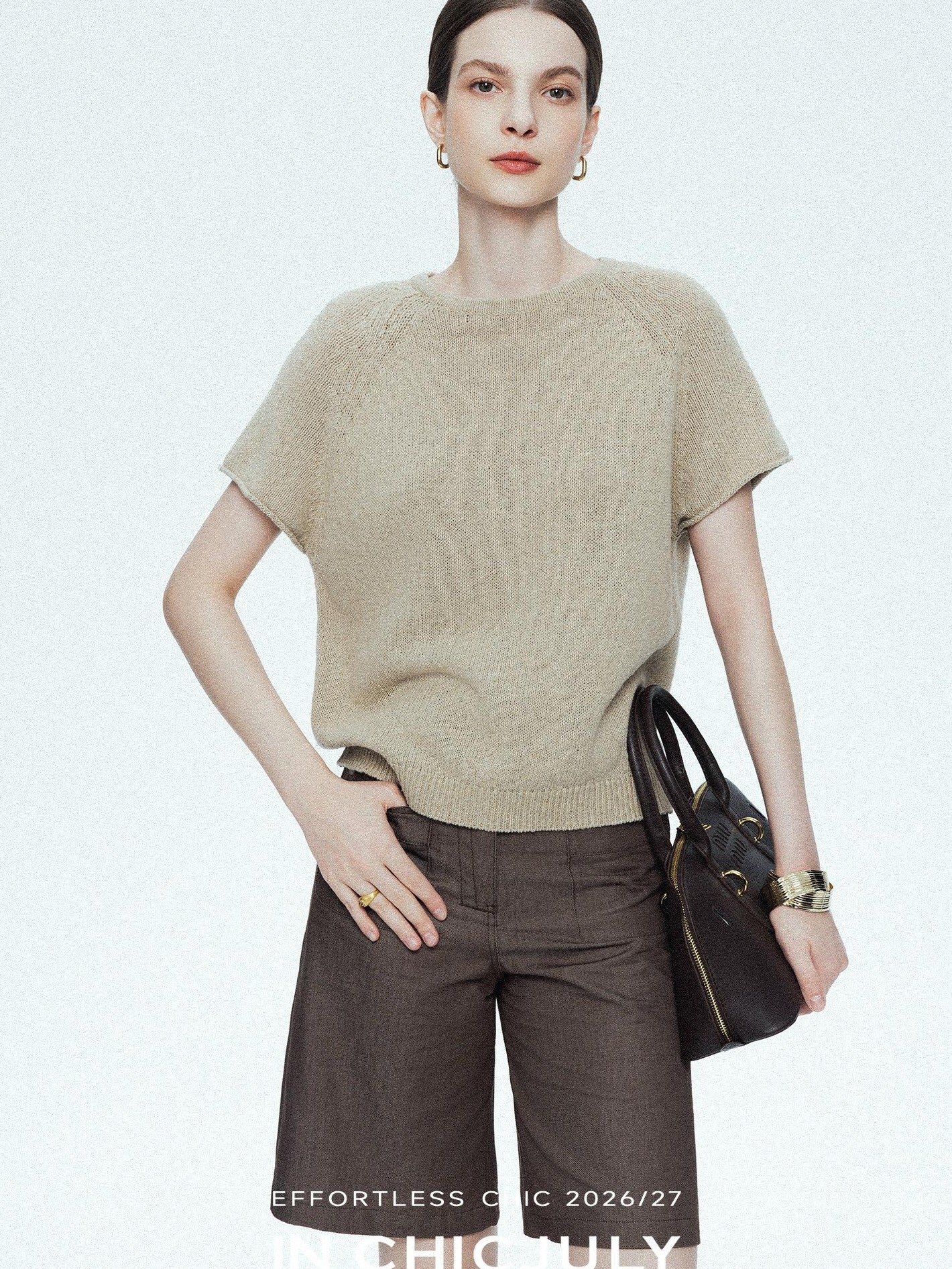 chicjuly Oatmeal Textured Breathable Raglan Women's Linen Knit Short Sleeve T-shirts