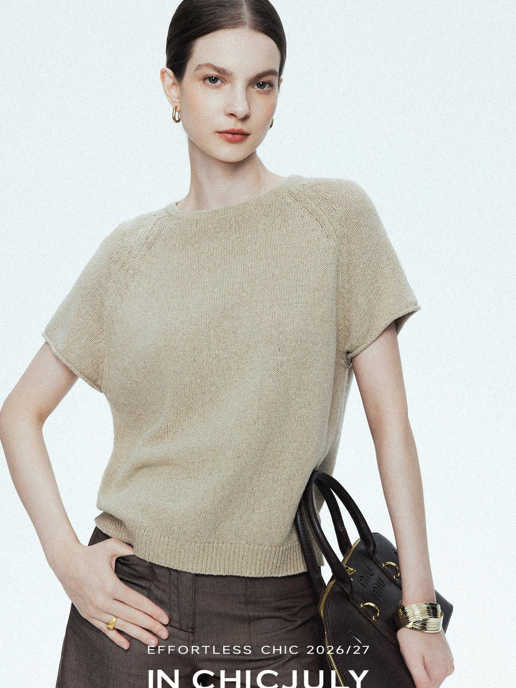 chicjuly Oatmeal Textured Breathable Raglan Women's Linen Knit Short Sleeve T-shirts