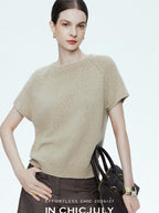 chicjuly Oatmeal Textured Breathable Raglan Women's Linen Knit Short Sleeve T-shirts