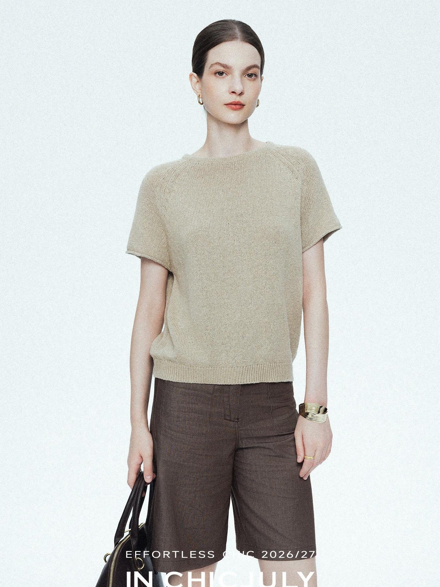 chicjuly Oatmeal Textured Breathable Raglan Women's Linen Knit Short Sleeve T-shirts