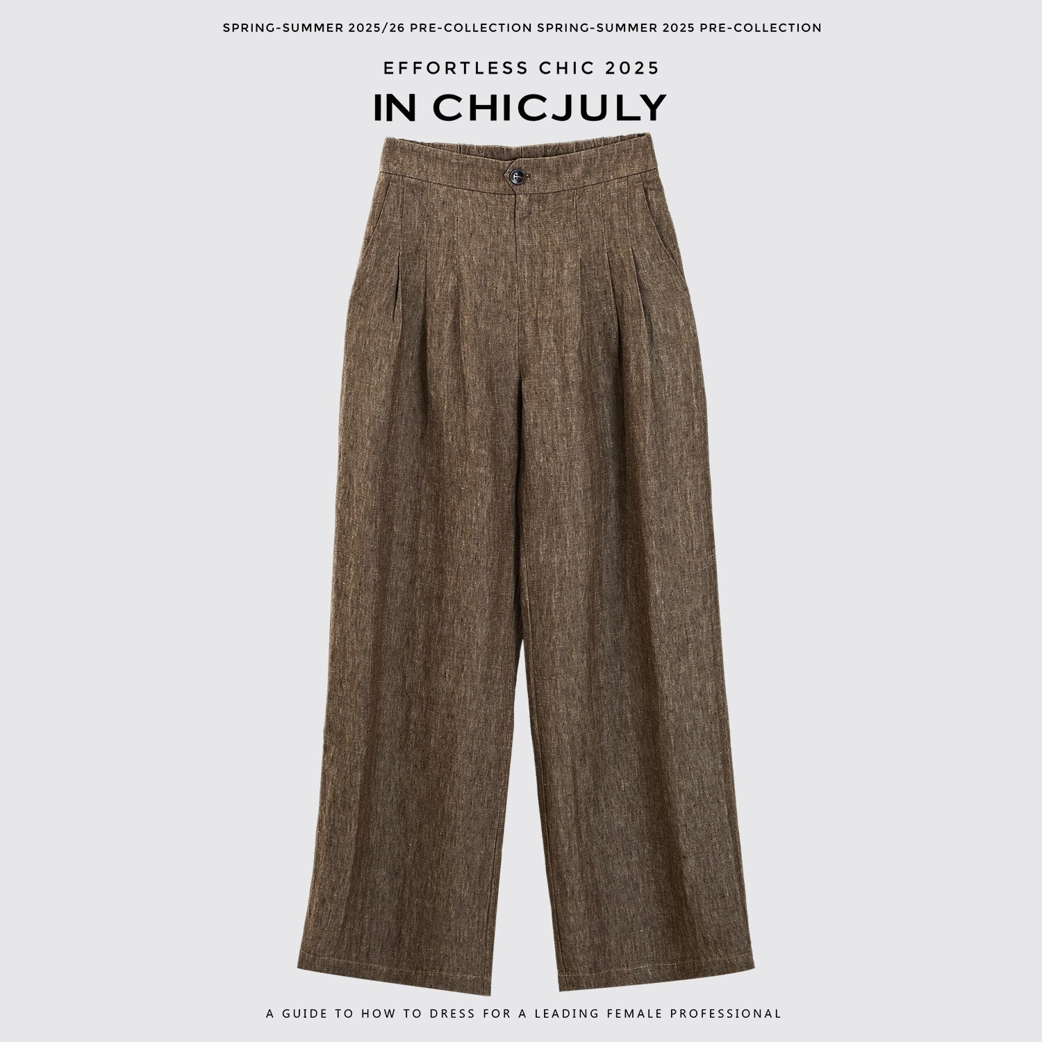 chicjuly Old Money Brown Draped Line Relaxed Women's Linen Hemp Blend Wide-leg Pants 936100590400