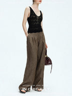 chicjuly Old Money Brown Draped Line Relaxed Women's Linen Hemp Blend Wide-leg Pants