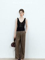 chicjuly Old Money Brown Draped Line Relaxed Women's Linen Hemp Blend Wide-leg Pants