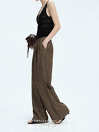 chicjuly Old Money Brown Draped Line Relaxed Women's Linen Hemp Blend Wide-leg Pants