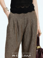chicjuly Old Money Brown Draped Line Relaxed Women's Linen Hemp Blend Wide-leg Pants