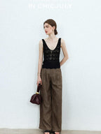 chicjuly Old Money Brown Draped Line Relaxed Women's Linen Hemp Blend Wide-leg Pants