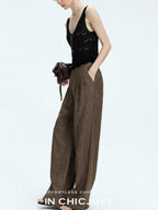 chicjuly Old Money Brown Draped Line Relaxed Women's Linen Hemp Blend Wide-leg Pants