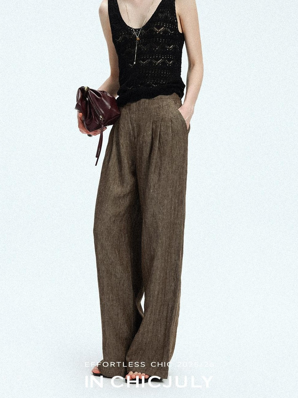 chicjuly Old Money Brown Draped Line Relaxed Women's Linen Hemp Blend Wide-leg Pants