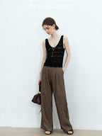 chicjuly Old Money Brown Draped Line Relaxed Women's Linen Hemp Blend Wide-leg Pants