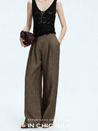 chicjuly Old Money Brown Draped Line Relaxed Women's Linen Hemp Blend Wide-leg Pants