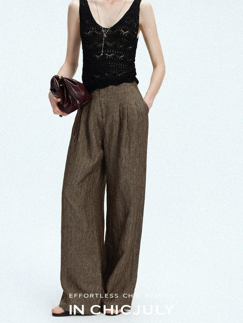 chicjuly Old Money Brown Draped Line Relaxed Women's Linen Hemp Blend Wide-leg Pants