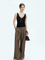 chicjuly Old Money Brown Draped Line Relaxed Women's Linen Hemp Blend Wide-leg Pants