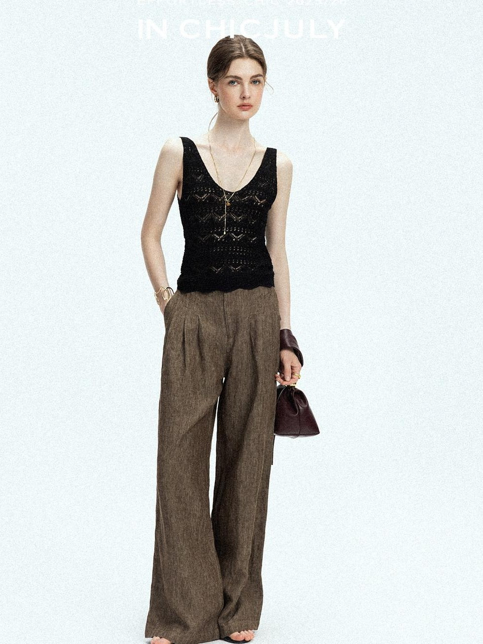 chicjuly Old Money Brown Draped Line Relaxed Women's Linen Hemp Blend Wide-leg Pants
